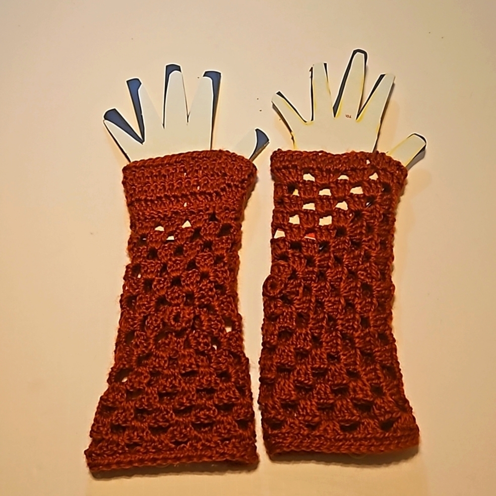 Hand Crafted Hand Knit Crochet Orange Granny Square Fingerless Gloves handmade - Picture 11 of 17